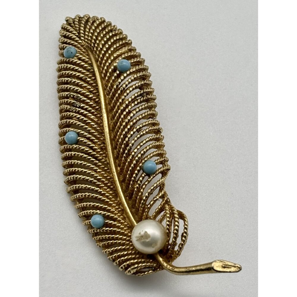 Vintage Gold Tone Open Work Feather Brooch Faux Pearl & Faux Turquoise, Unsigned